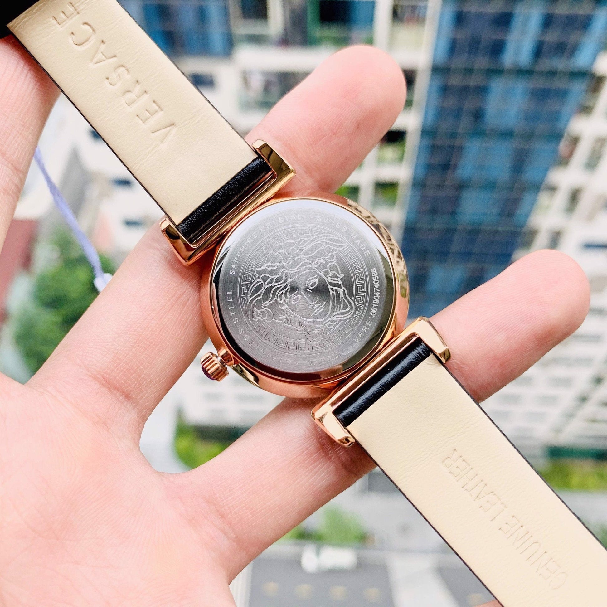  Shop Authentic Versace V-Motif Vintage Logo Black Dial Black Leather Strap Watch for Women - VERE00818 - Luxxuri