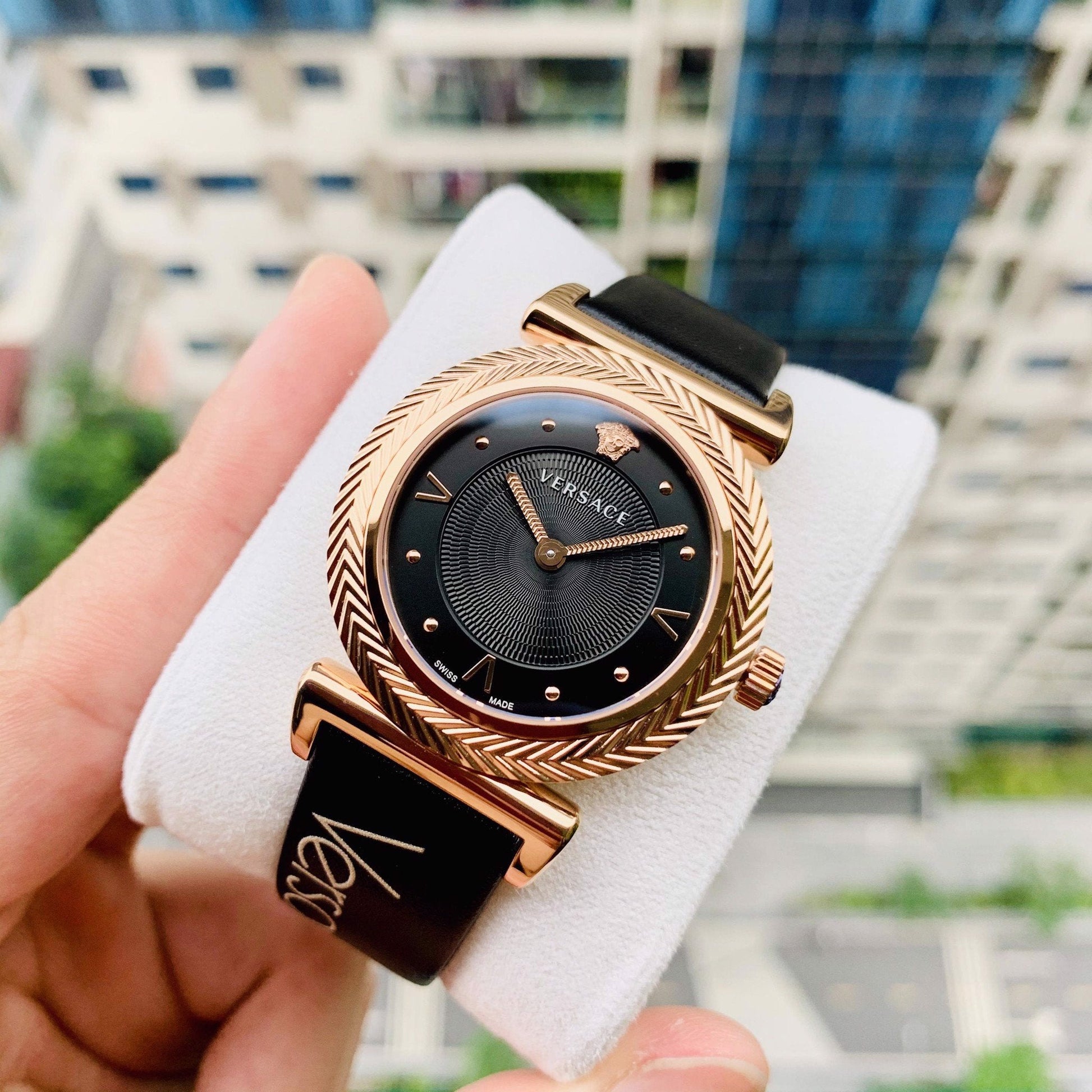  Shop Authentic Versace V-Motif Vintage Logo Black Dial Black Leather Strap Watch for Women - VERE00818 - Luxxuri