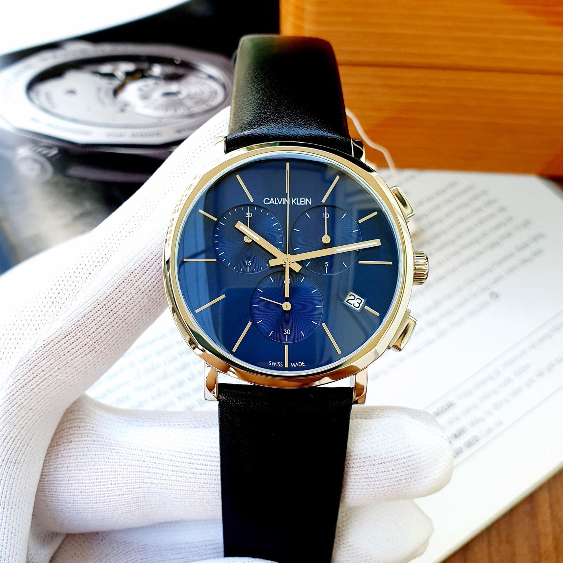  Shop Authentic Calvin Klein Chronograph Blue Dial Black Leather Strap Watch for Men - K8Q371CN - Luxxuri