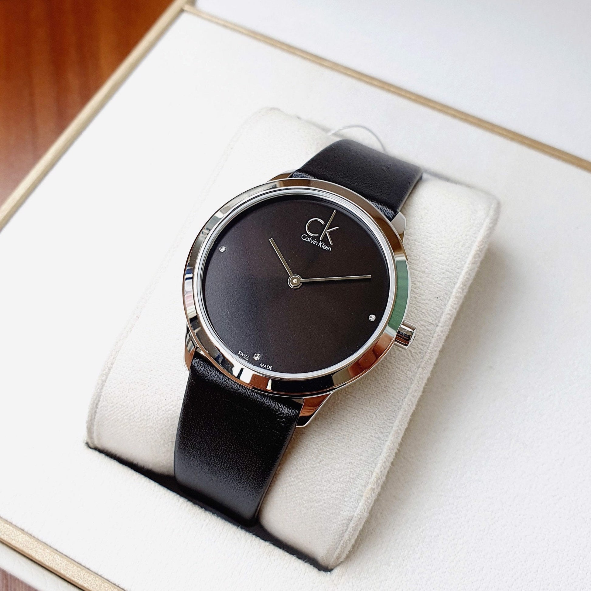  Shop Authentic Calvin Klein Minimal Diamonds Black Dial Black Leather Strap Watch for Men - K3M211CS - Luxxuri