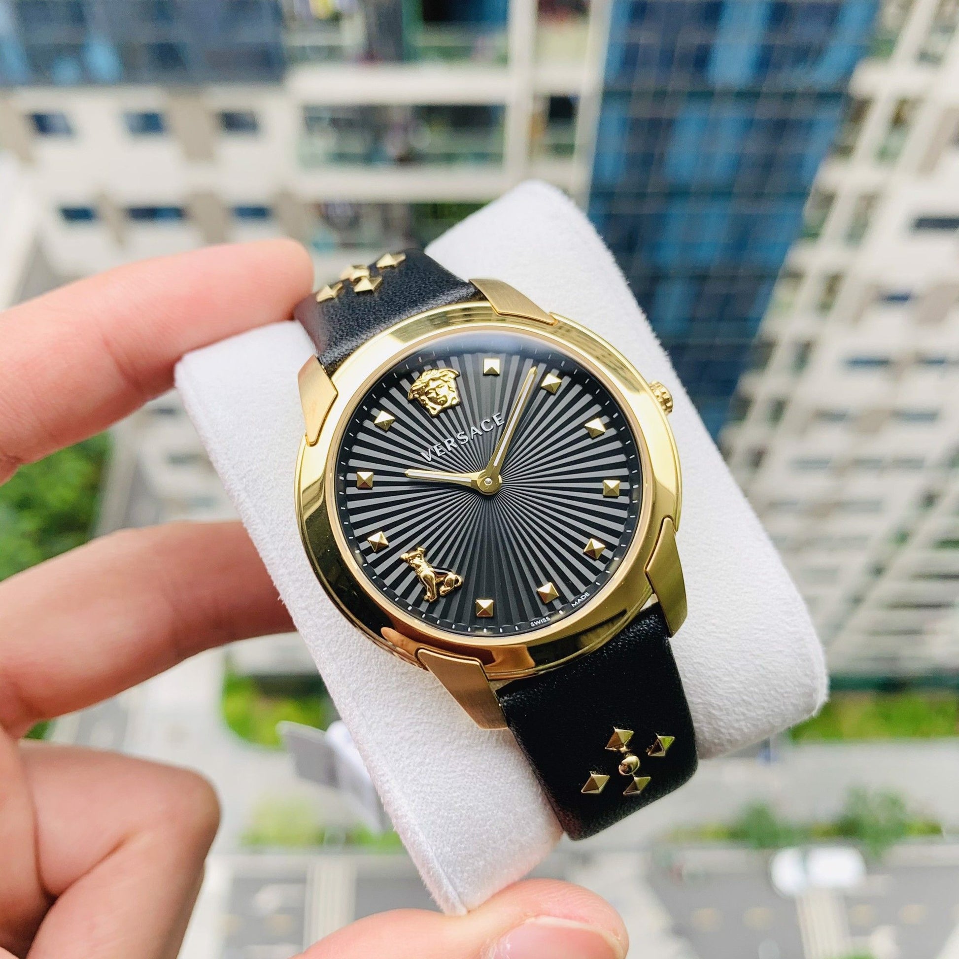  Shop Authentic Versace Audrey Quartz Black Dial Black Leather Strap Watch for Women - VELR00319 - Luxxuri