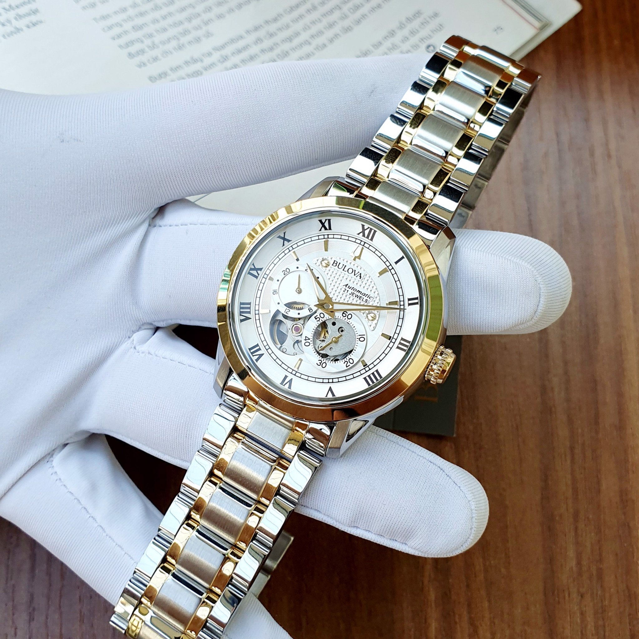 Bulova BVA Skeleton Silver Dial Two Tone Steel Strap Watch for Men - 98A230