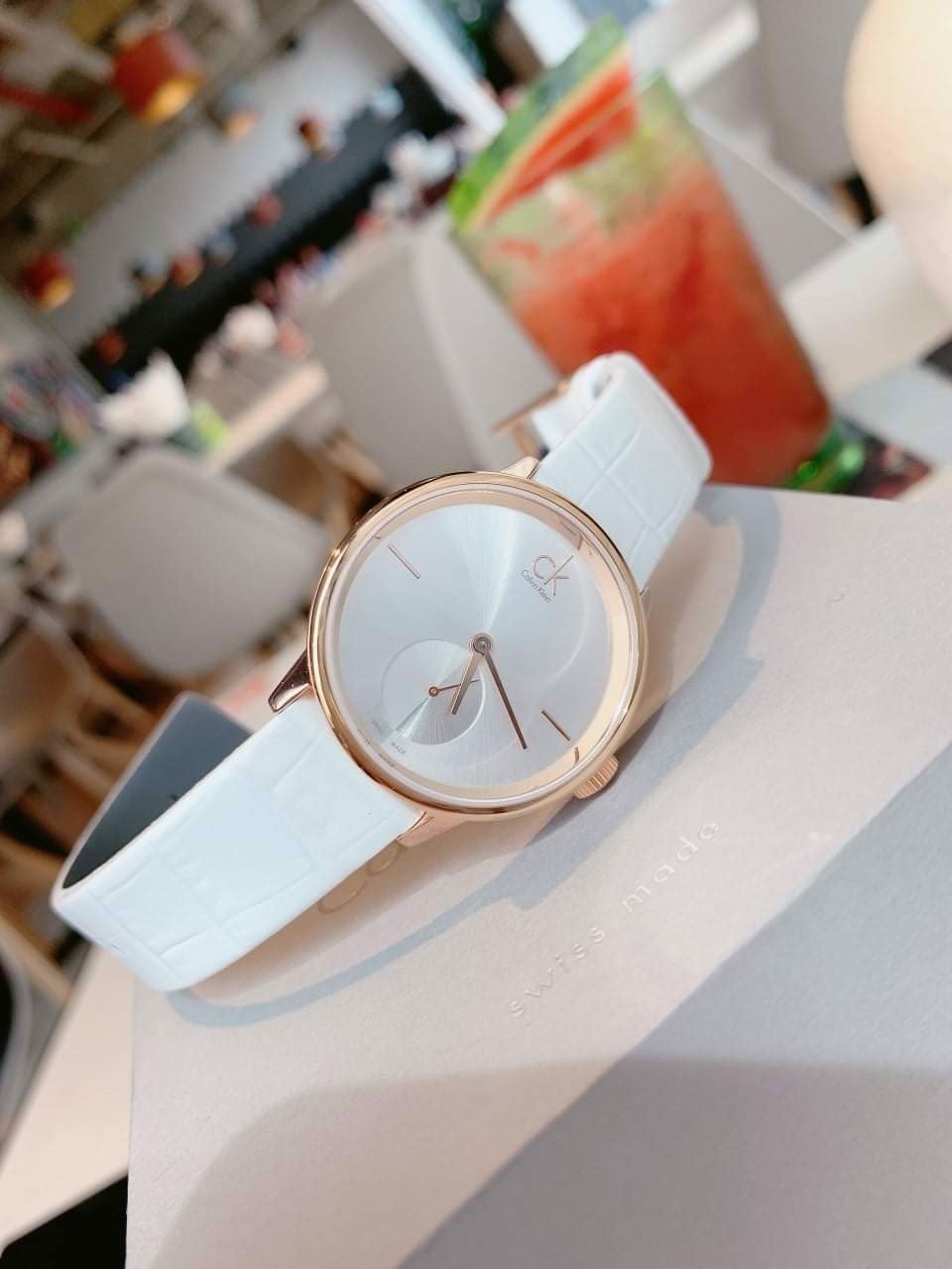  Shop Authentic Calvin Klein Accent Silver Dial White Leather Strap Watch for Women - K2Y236K6 - Luxxuri