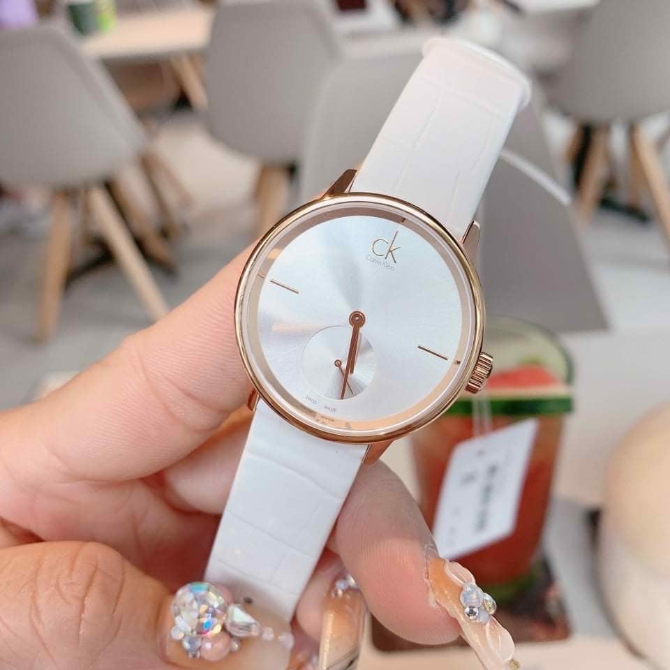  Shop Authentic Calvin Klein Accent Silver Dial White Leather Strap Watch for Women - K2Y236K6 - Luxxuri