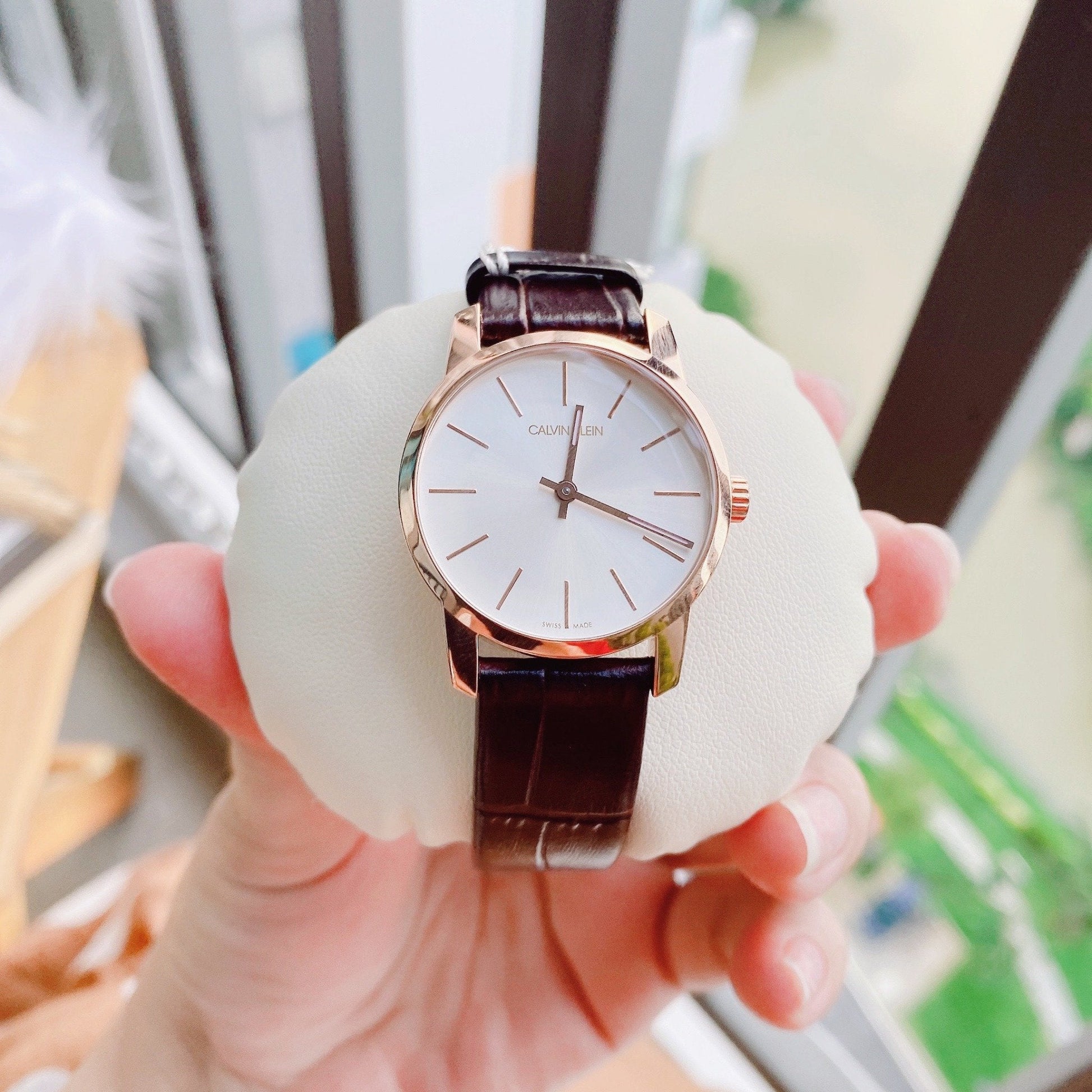  Shop Authentic Calvin Klein City White Mother of Pearl Dial Brown Leather Strap Watch for Women - K2G23620 - Luxxuri