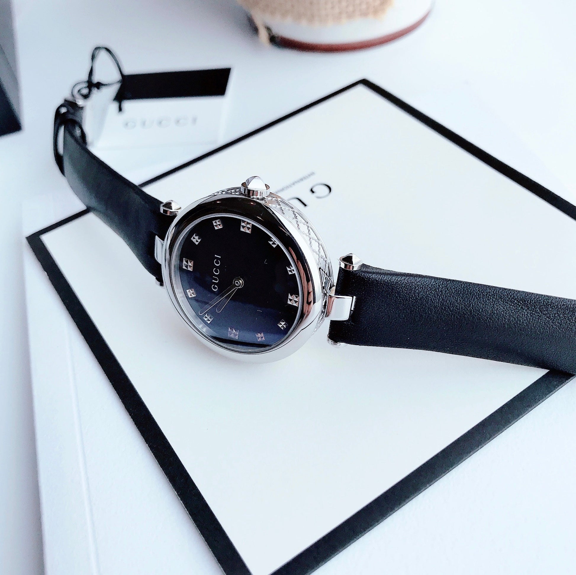  Shop Authentic Gucci Diamantissima Diamonds Black Dial Black Leather Strap Watch For Women - YA141403 - Luxxuri