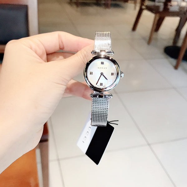  Shop Authentic Gucci Diamantissima Quartz Diamonds Mother of Pearl Dial Silver Mesh Bracelet Watch for Women - YA141504 - Luxxuri