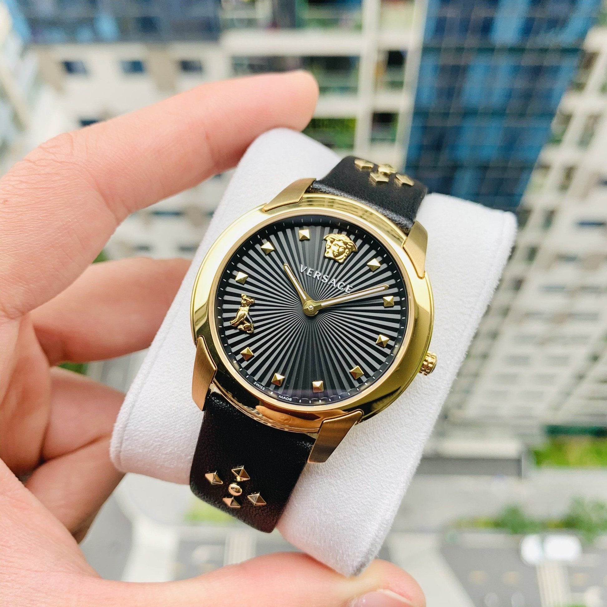  Shop Authentic Versace Audrey Quartz Black Dial Black Leather Strap Watch for Women - VELR00319 - Luxxuri