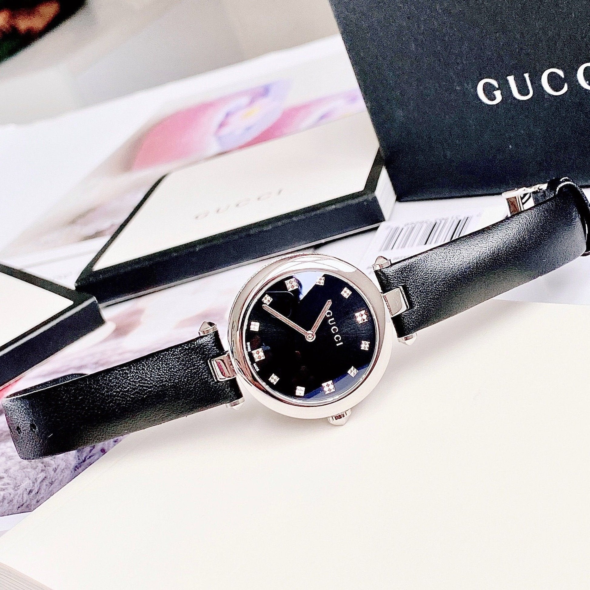  Shop Authentic Gucci Diamantissima Diamonds Black Dial Black Leather Strap Watch For Women - YA141403 - Luxxuri