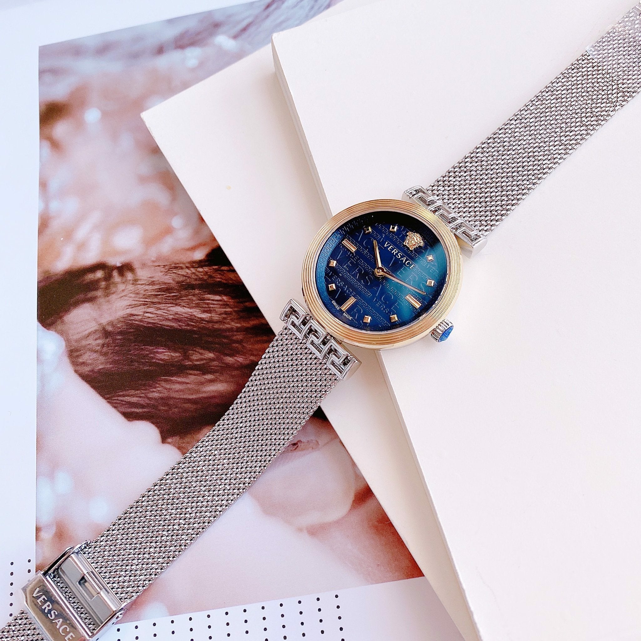 Versace Meander Blue Dial Silver Mesh Bracelet Watch for Women - VELW00520