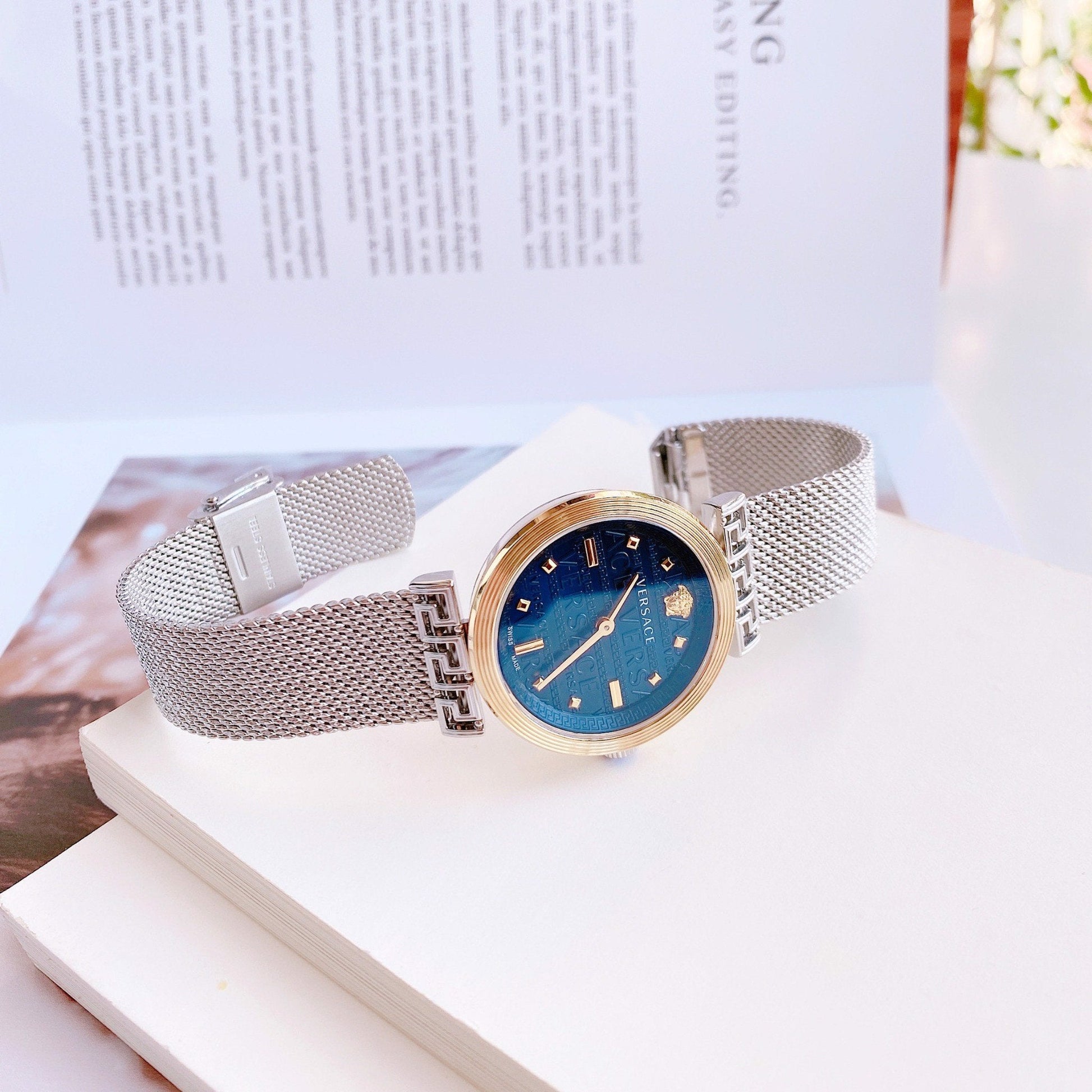  Shop Authentic Versace Meander Blue Dial Silver Mesh Bracelet Watch for Women - VELW00520 - Luxxuri