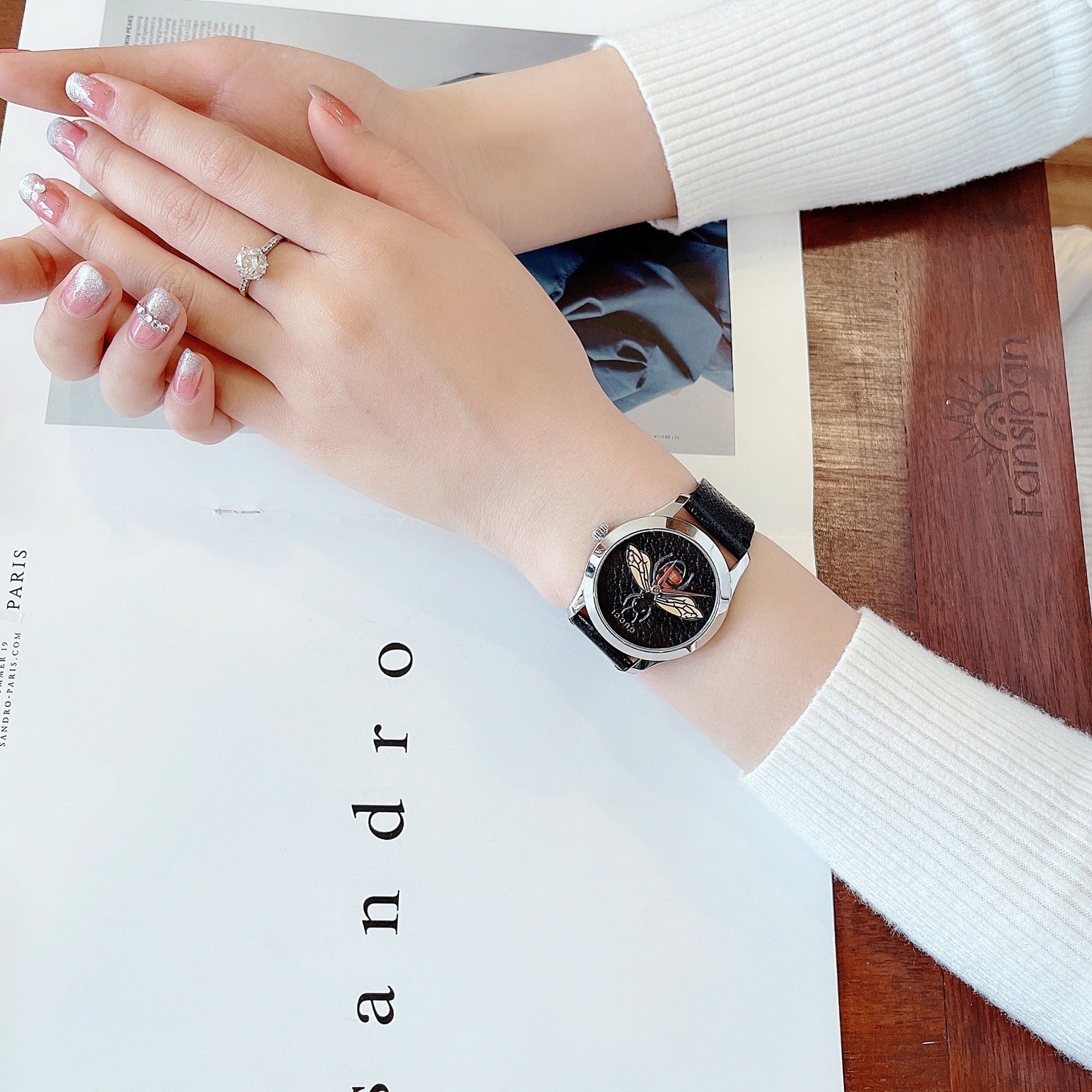 Gucci G Timeless Bee Black Dial Black Leather Strap Watch For Women - YA1264067