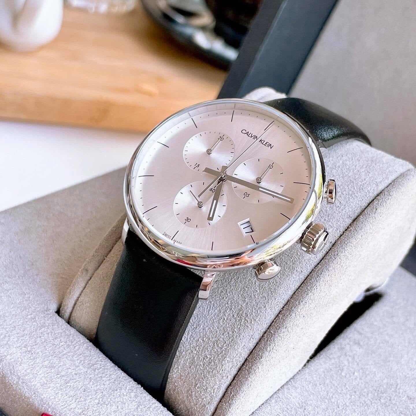 Shop Authentic Calvin Klein High Noon Chronograph White Dial Black Leather Strap Watch for Men - K8M271C6 - Luxxuri