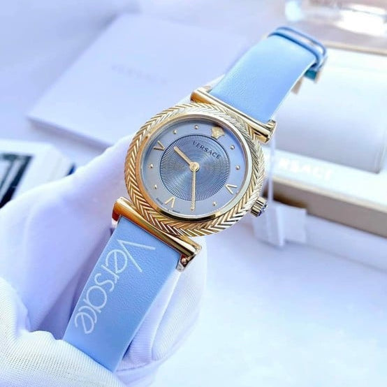 Versace V-Motif Grey Dial Blue Leather Strap Watch for Women - VERE00318