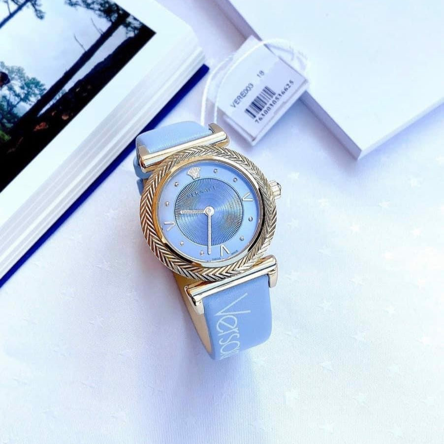  Shop Authentic Versace V-Motif Grey Dial Blue Leather Strap Watch for Women - VERE00318 - Luxxuri