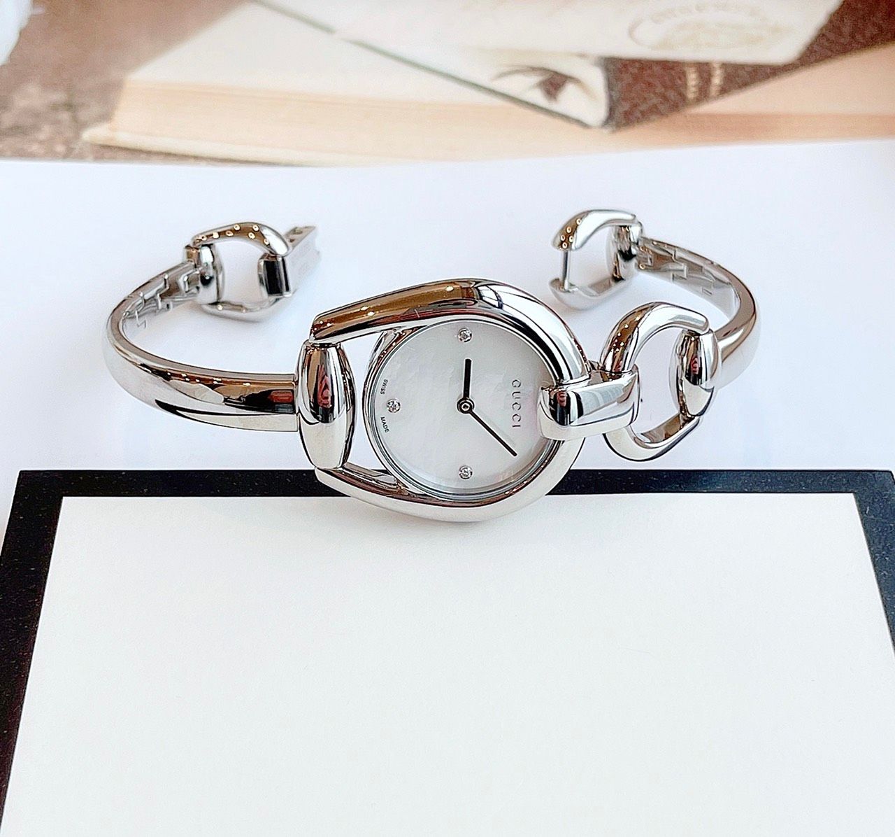  Shop Authentic Gucci Horsebit Collection Diamonds Mother of Pearl Dial Silver Steel Strap Watch For Women - YA139506 - Luxxuri