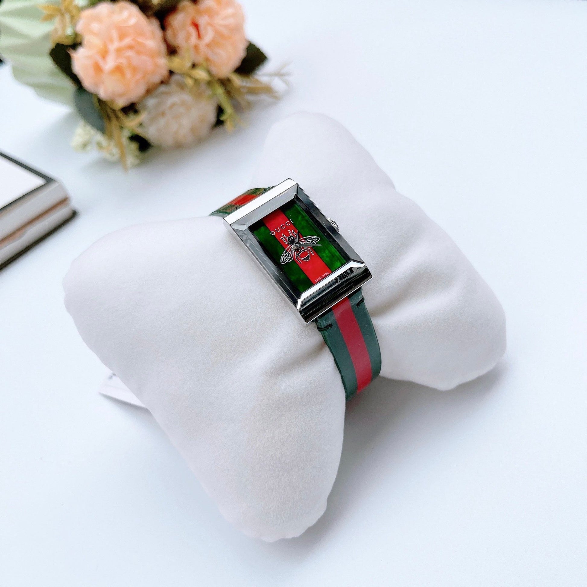  Shop Authentic Gucci G Frame Quartz Green & Red Mother of Pearl Dial Multicolor Leather Strap Watch For Women - YA147408 - Luxxuri