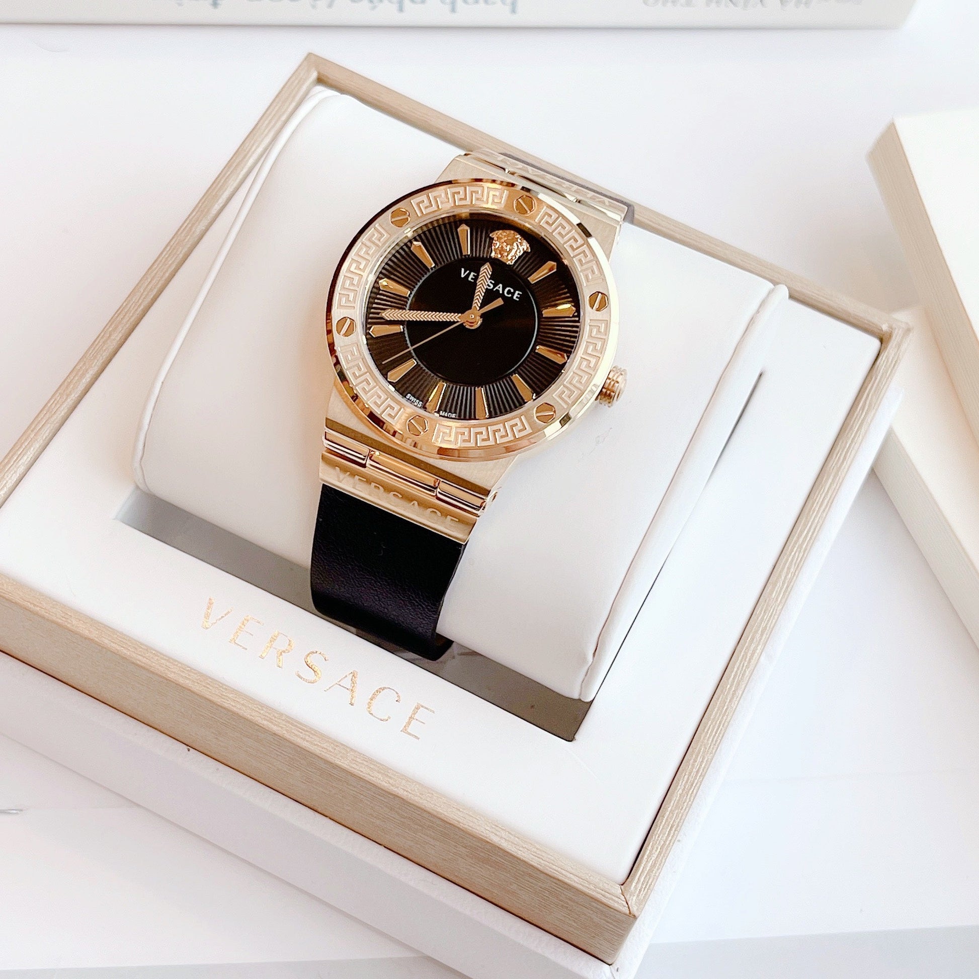  Shop Authentic Versace Greca Black Dial Black Leather Strap Watch for Women - VEVH00320 - Luxxuri