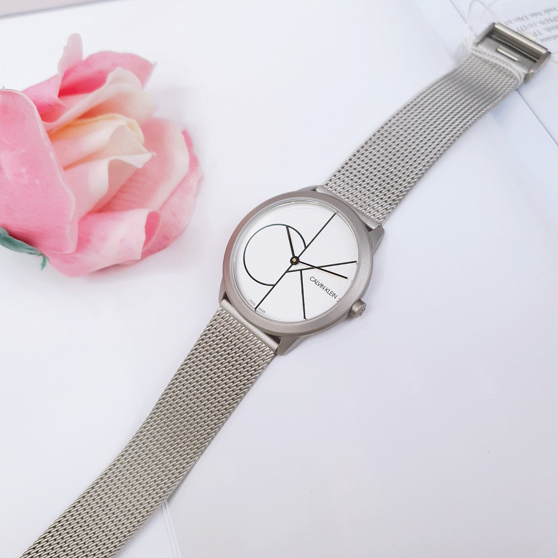  Shop Authentic Calvin Klein Minimal White Dial Silver Mesh Bracelet Watch for Women - K3M5215X - Luxxuri