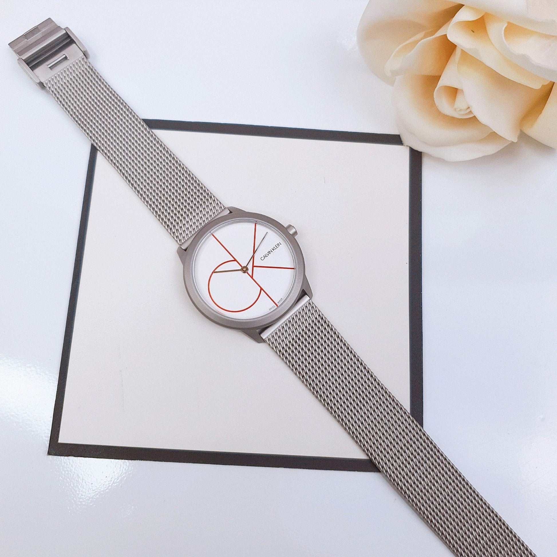  Shop Authentic Calvin Klein Minimal White Dial Silver Mesh Bracelet Watch for Women - K3M52152 - Luxxuri