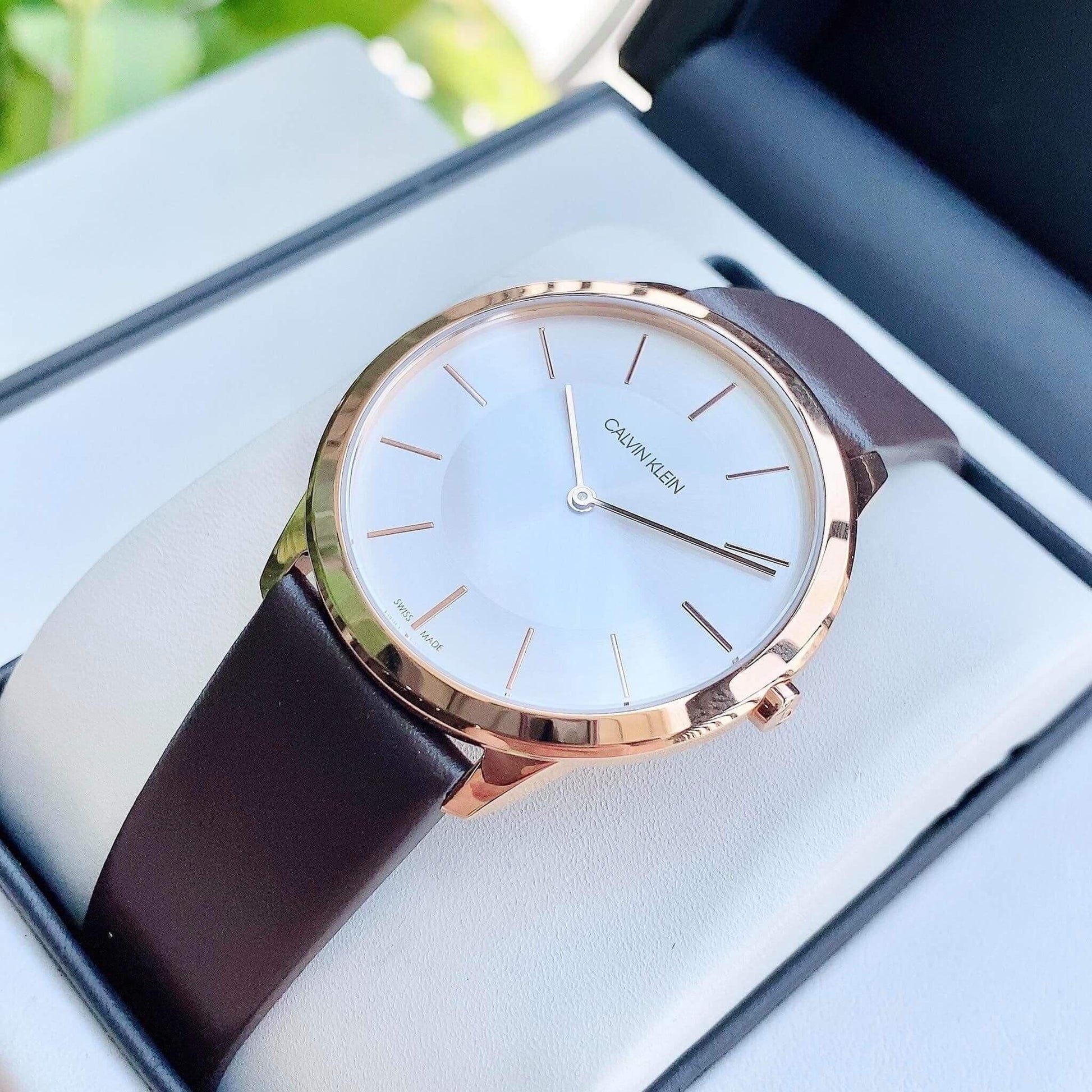  Shop Authentic Calvin Klein Minimal White Dial Brown Leather Strap Watch for Women - K3M226G6 - Luxxuri