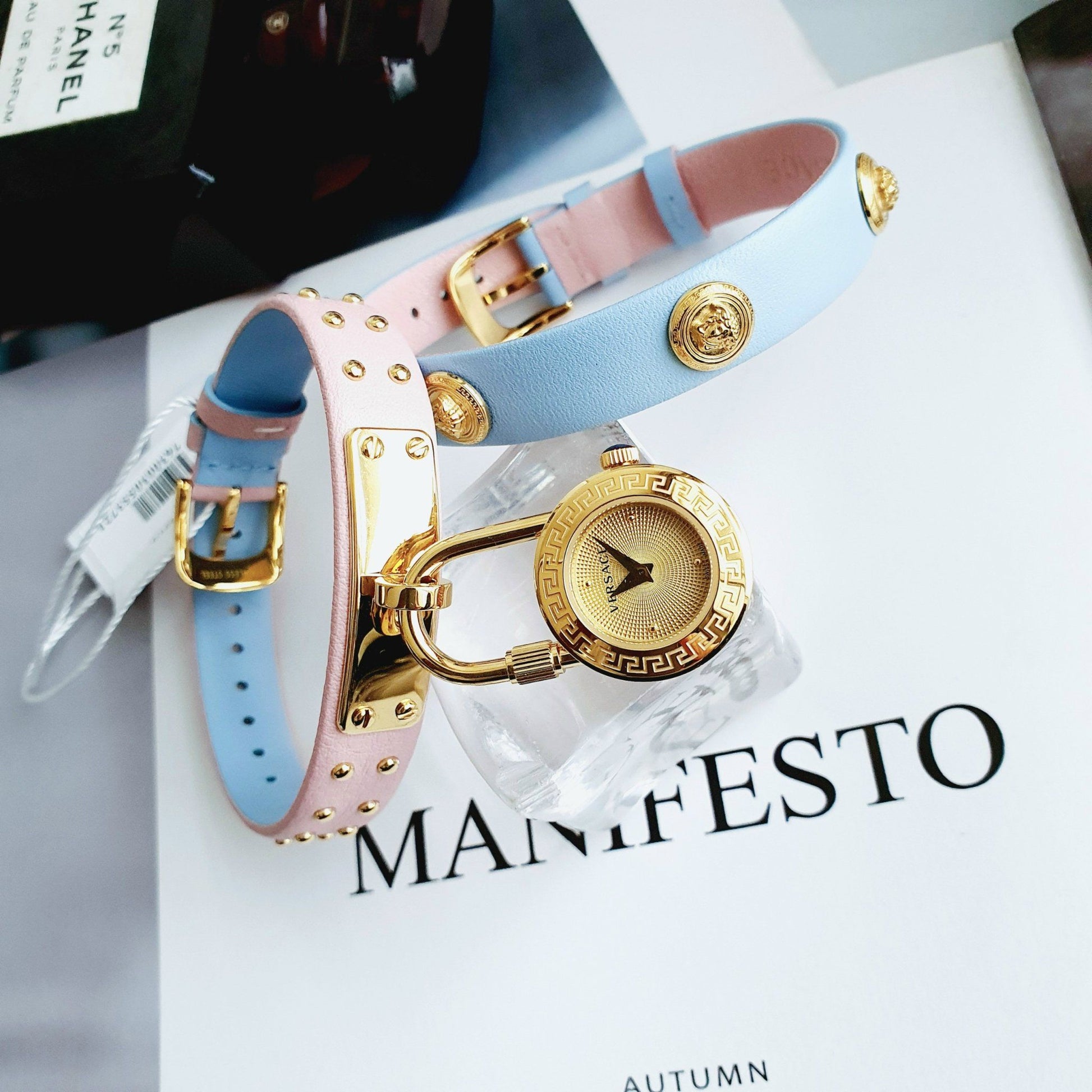  Shop Authentic Versace Medusa Lock Icon Quartz Gold Dial Pink & Blue Leather Strap Watch For Women - VEDW00219 - Luxxuri