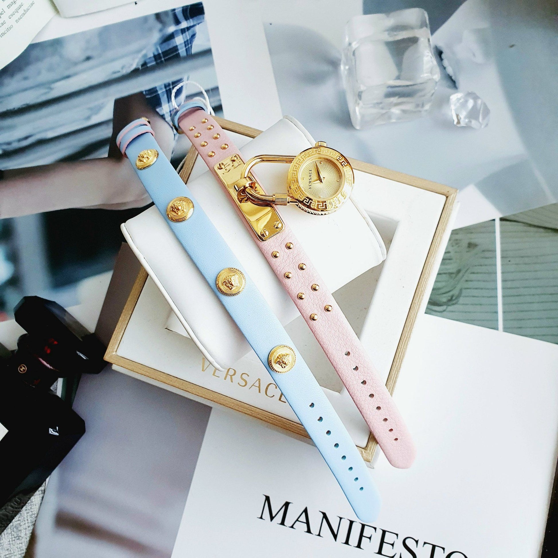  Shop Authentic Versace Medusa Lock Icon Quartz Gold Dial Pink & Blue Leather Strap Watch For Women - VEDW00219 - Luxxuri