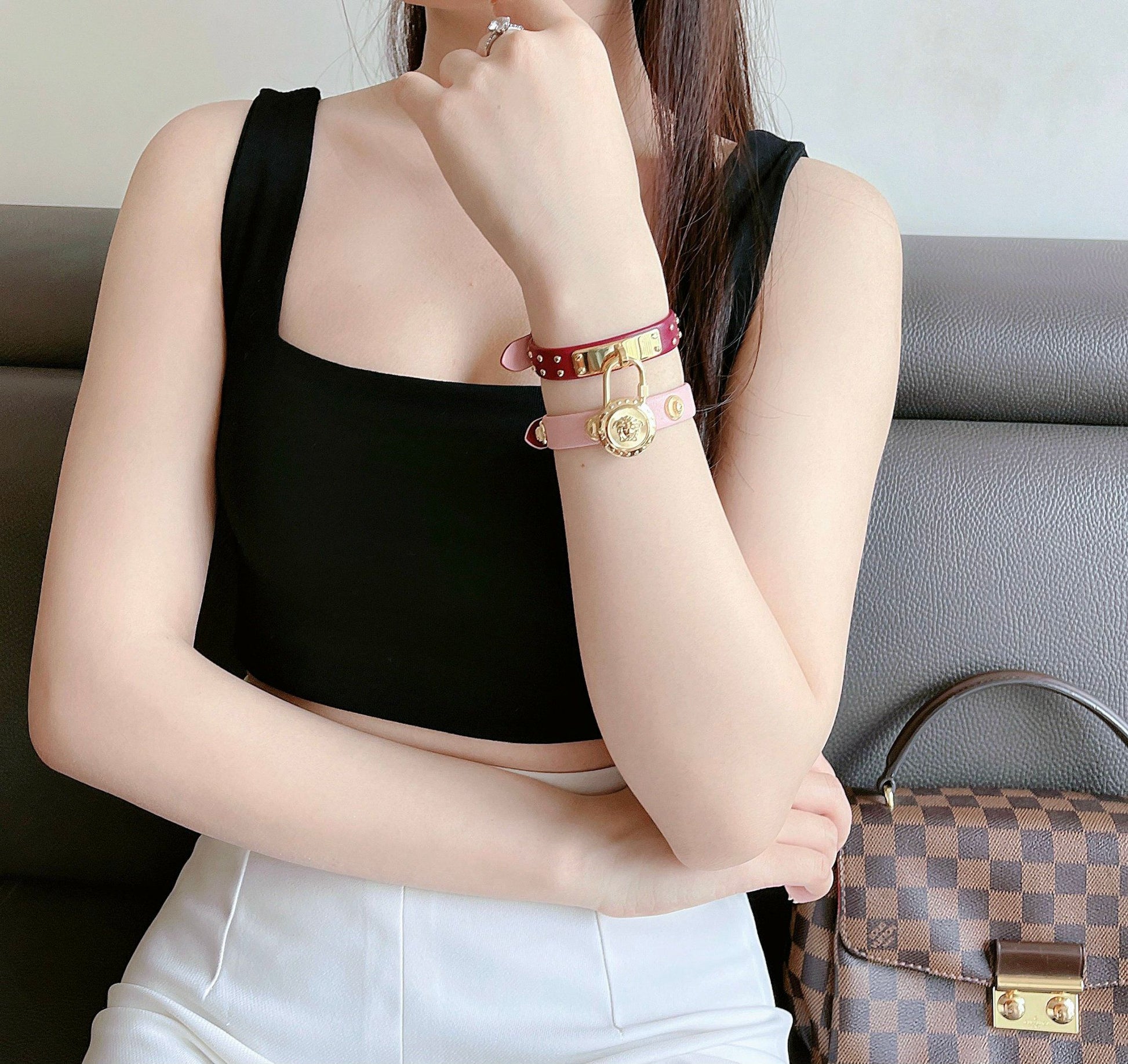  Shop Authentic Versace Medusa Lock Icon Gold Dial Red Leather Strap Watch for Women - VEDW00319 - Luxxuri