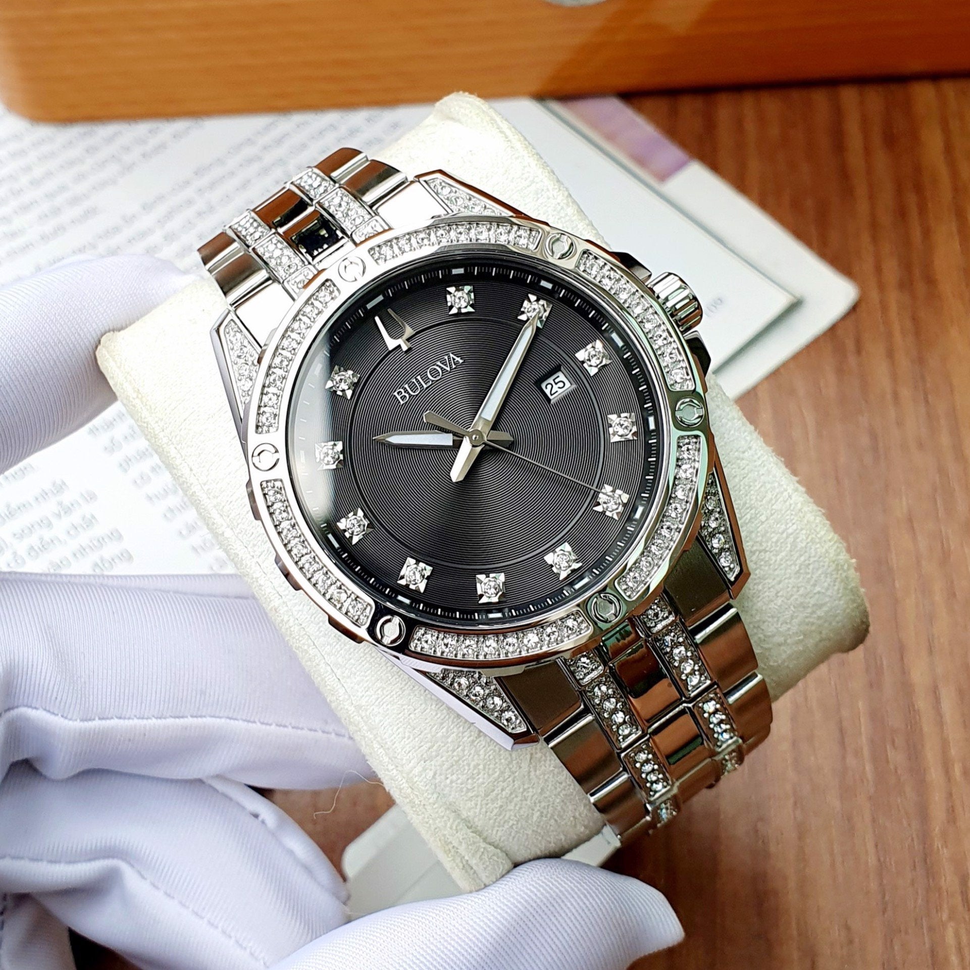  Shop Authentic Bulova Crystal Collection Black Dial Silver Steel Strap Watch for Men - 96K104 - Luxxuri