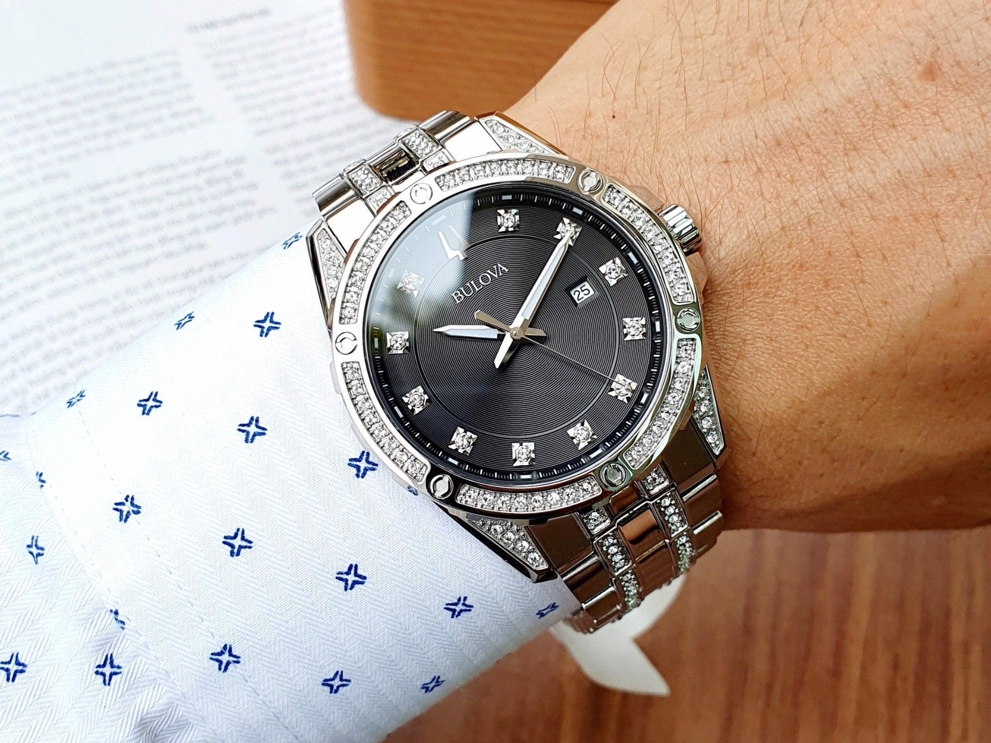  Shop Authentic Bulova Crystal Collection Black Dial Silver Steel Strap Watch for Men - 96K104 - Luxxuri