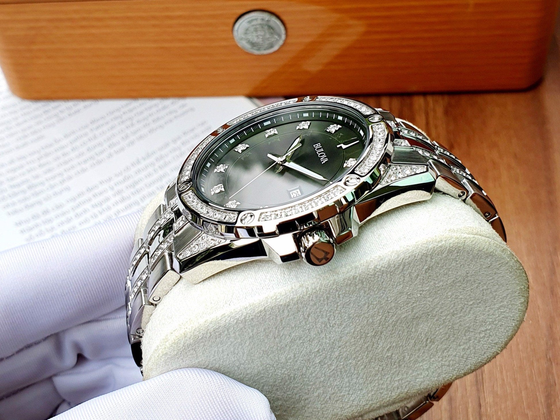  Shop Authentic Bulova Crystal Collection Black Dial Silver Steel Strap Watch for Men - 96K104 - Luxxuri