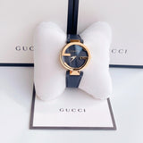  Shop Authentic Gucci Interlocking G Gold Black Dial Black Leather Strap Unisex Watch - YA133326 - Luxxuri