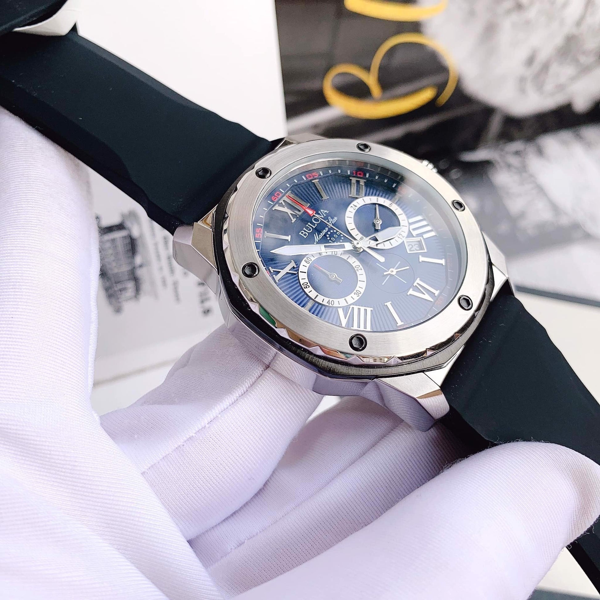  Shop Authentic Bulova Marine Star Blue Dial Black Silicone Strap Watch for Men - 98B258 - Luxxuri