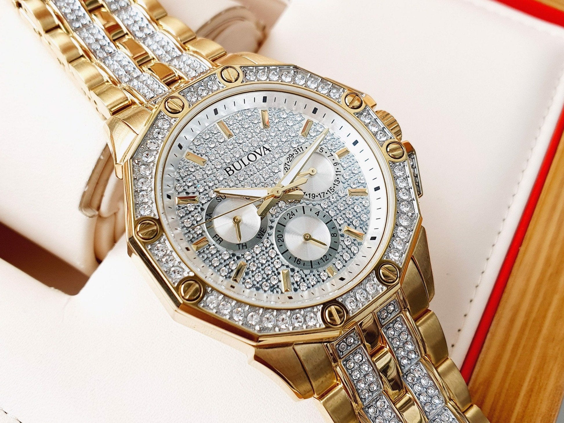  Shop Authentic Bulova Crystal Collection Octova White Dial Gold Steel Strap Watch for Men - 98C126 - Luxxuri