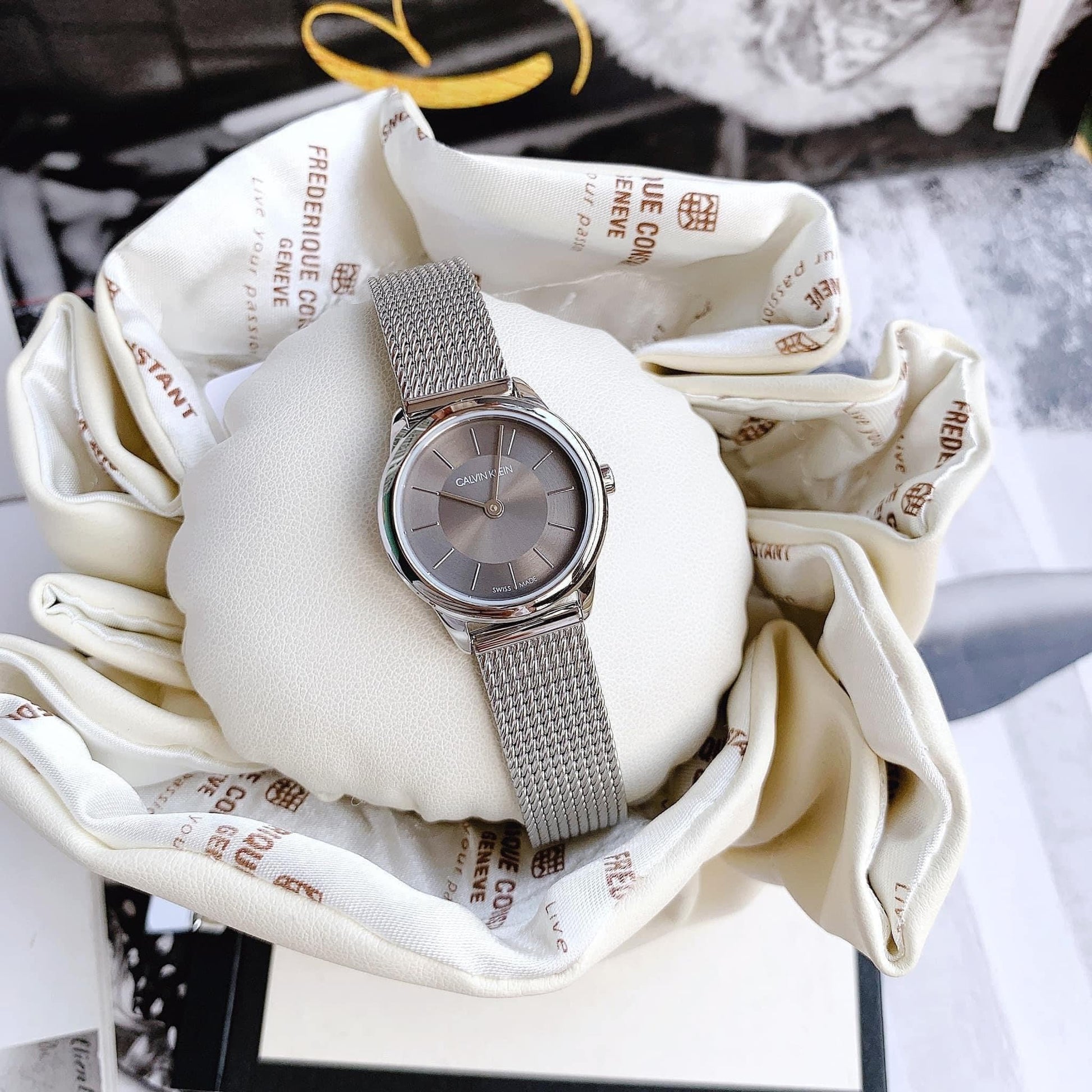  Shop Authentic Calvin Klein Minimal Grey Dial Silver Mesh Bracelet Watch for Women - K3M23124 - Luxxuri