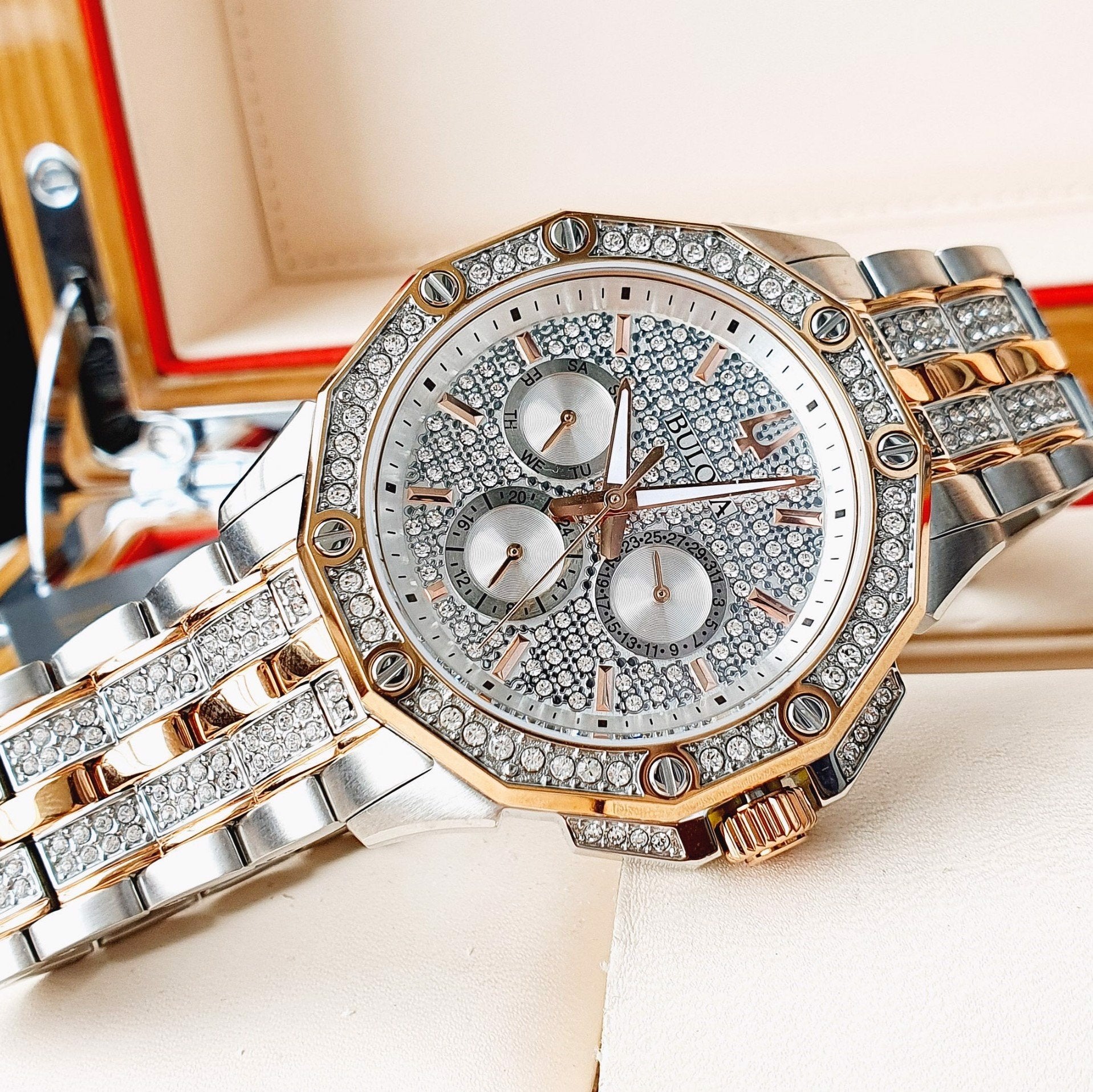  Shop Authentic Bulova Octova Crystal Silver Dial Two Tone Steel Strap Watch for Men - 98C133 - Luxxuri