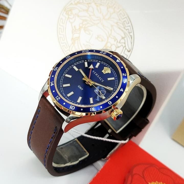  Shop Authentic Versace Hellenyium GMT Blue Dial Brown Leather Strap Watch for Men - V11080017 - Luxxuri