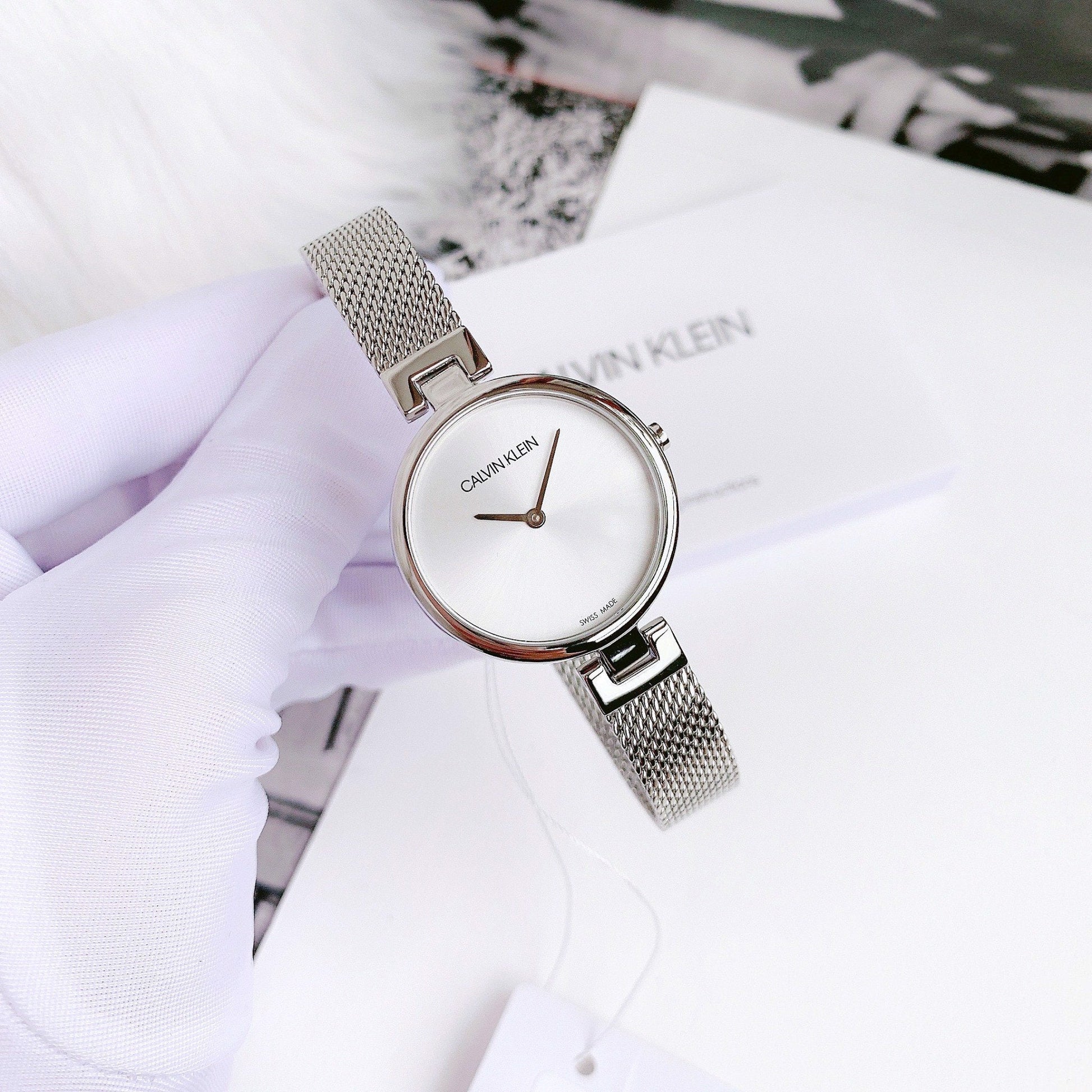  Shop Authentic Calvin Klein Authentic White Dial Silver Mesh Bracelet Watch for Women - K8G23126 - Luxxuri
