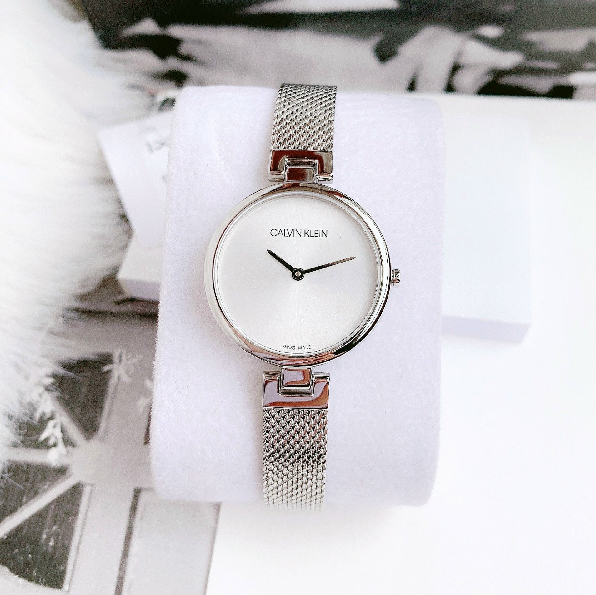  Shop Authentic Calvin Klein Authentic White Dial Silver Mesh Bracelet Watch for Women - K8G23126 - Luxxuri