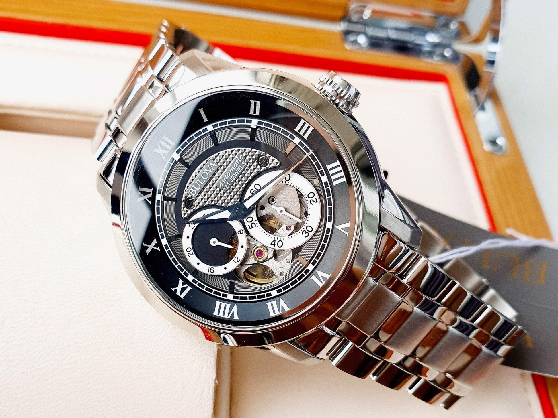  Shop Authentic Bulova BVA Dual Aperture Black Dial Silver Steel Strap Watch for Men - 96A119 - Luxxuri