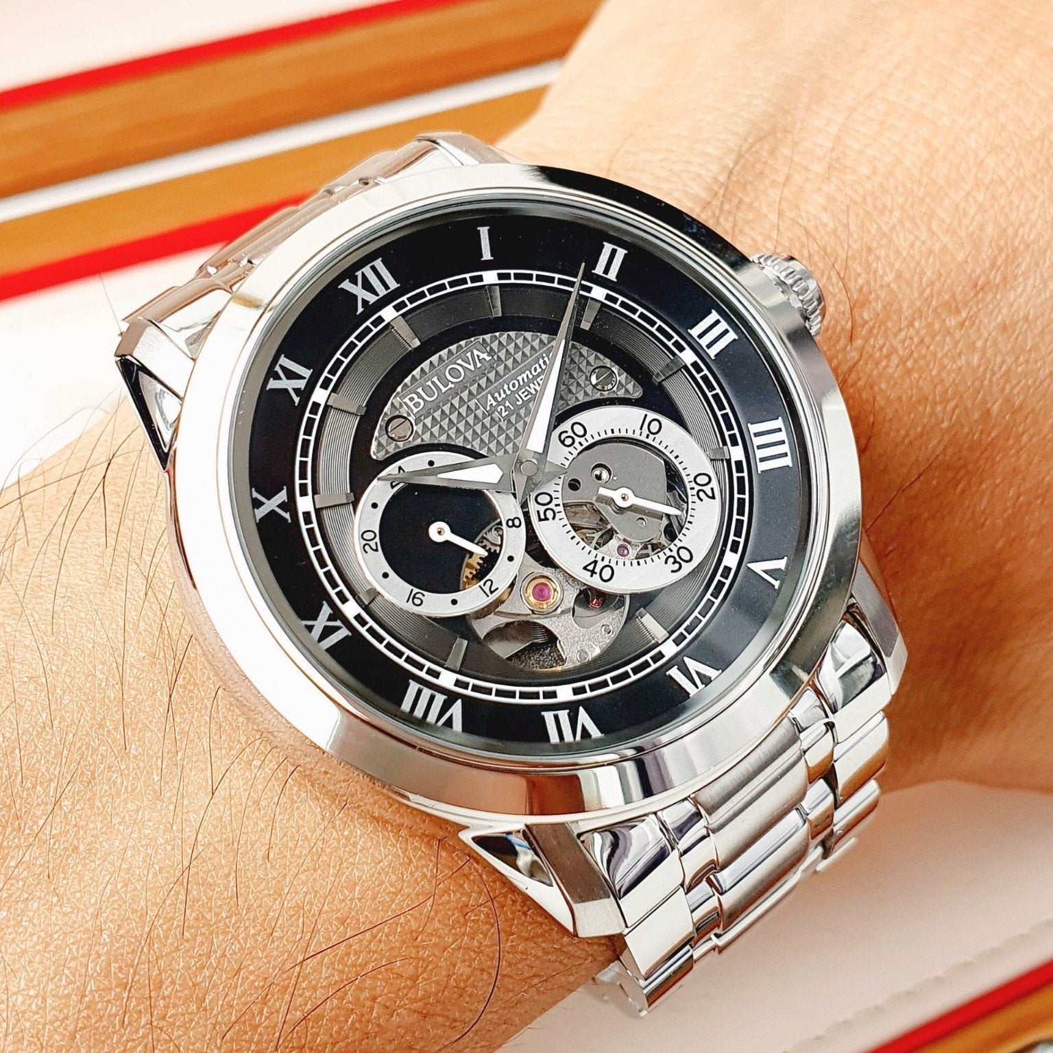 Bulova BVA Dual Aperture Black Dial Silver Steel Strap Watch for Men - 96A119