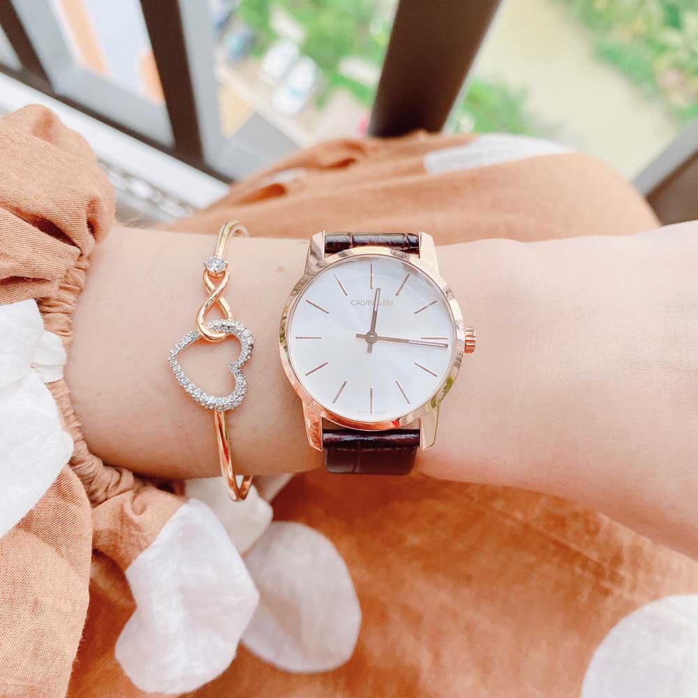  Shop Authentic Calvin Klein City White Mother of Pearl Dial Brown Leather Strap Watch for Women - K2G23620 - Luxxuri