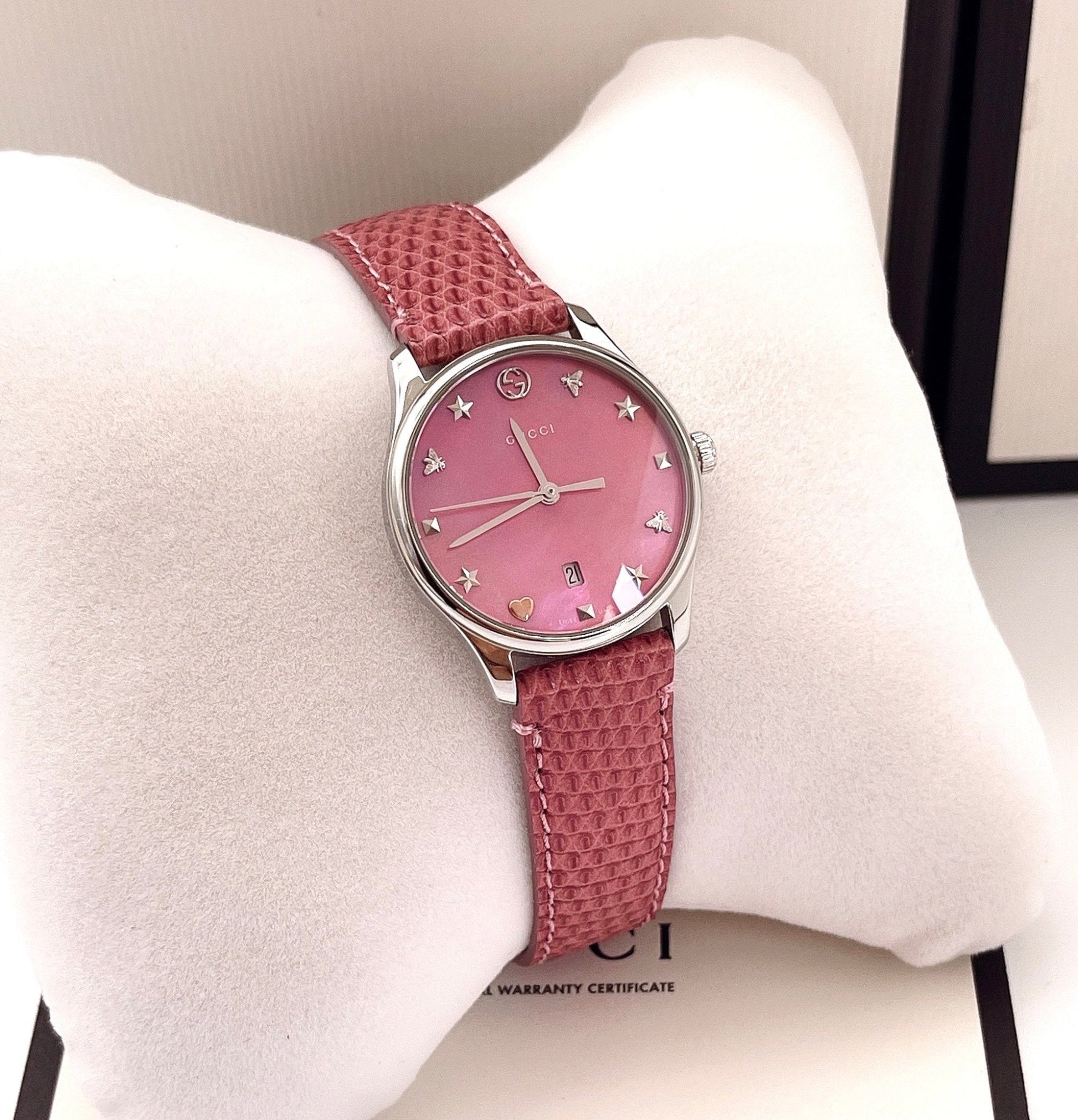  Shop Authentic Gucci G-Timeless Pink Mother of Pearl Dial Pink Leather Strap Watch For Women - YA126586 - Luxxuri