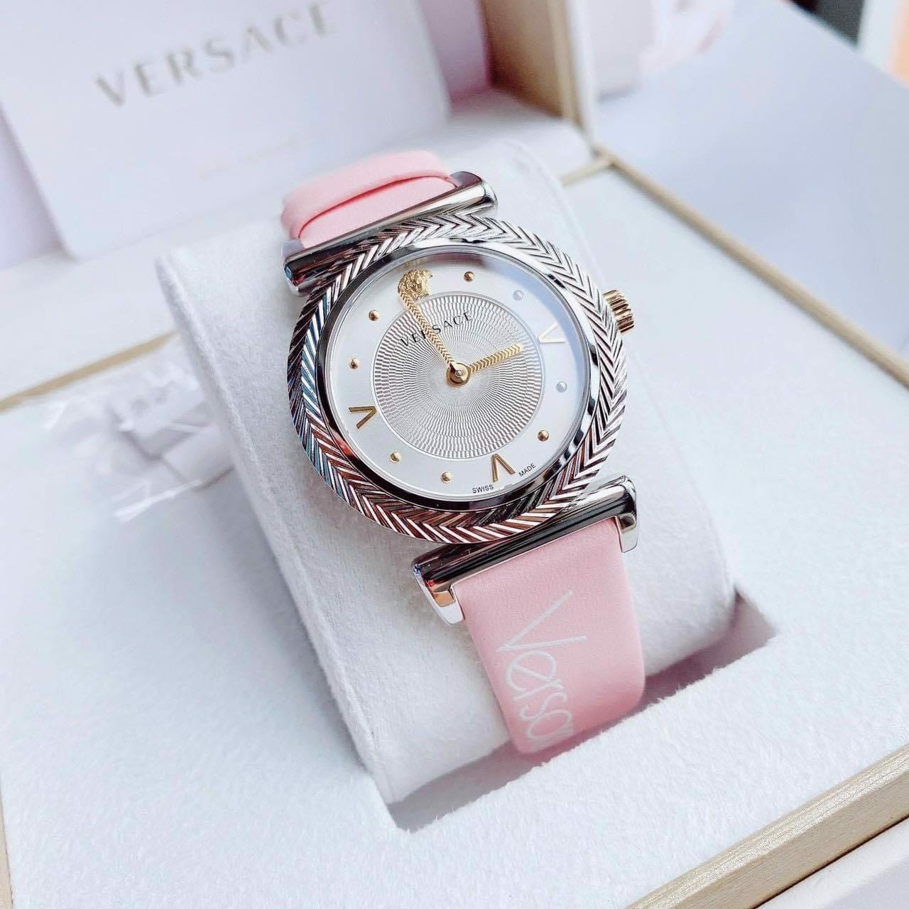  Shop Authentic Versace V-Motif Silver Dial Pink Leather Strap Watch for Women - VERE00118 - Luxxuri