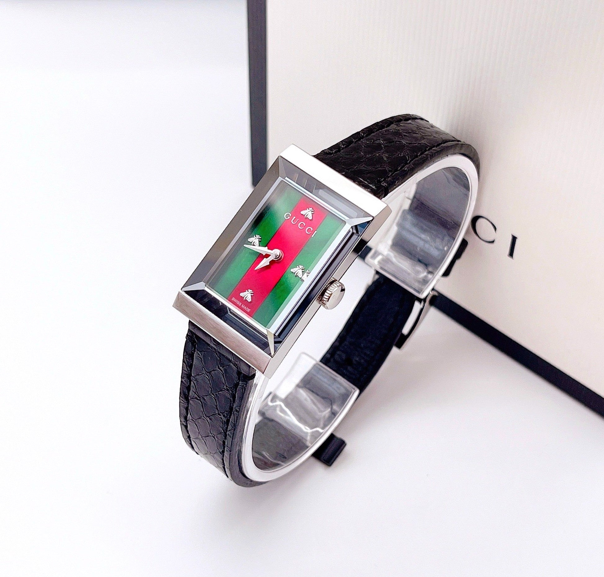  Shop Authentic Gucci G-Frame Mother of Pearl Green & Red Dial Black Leather Strap Watch For Women - YA147403 - Luxxuri