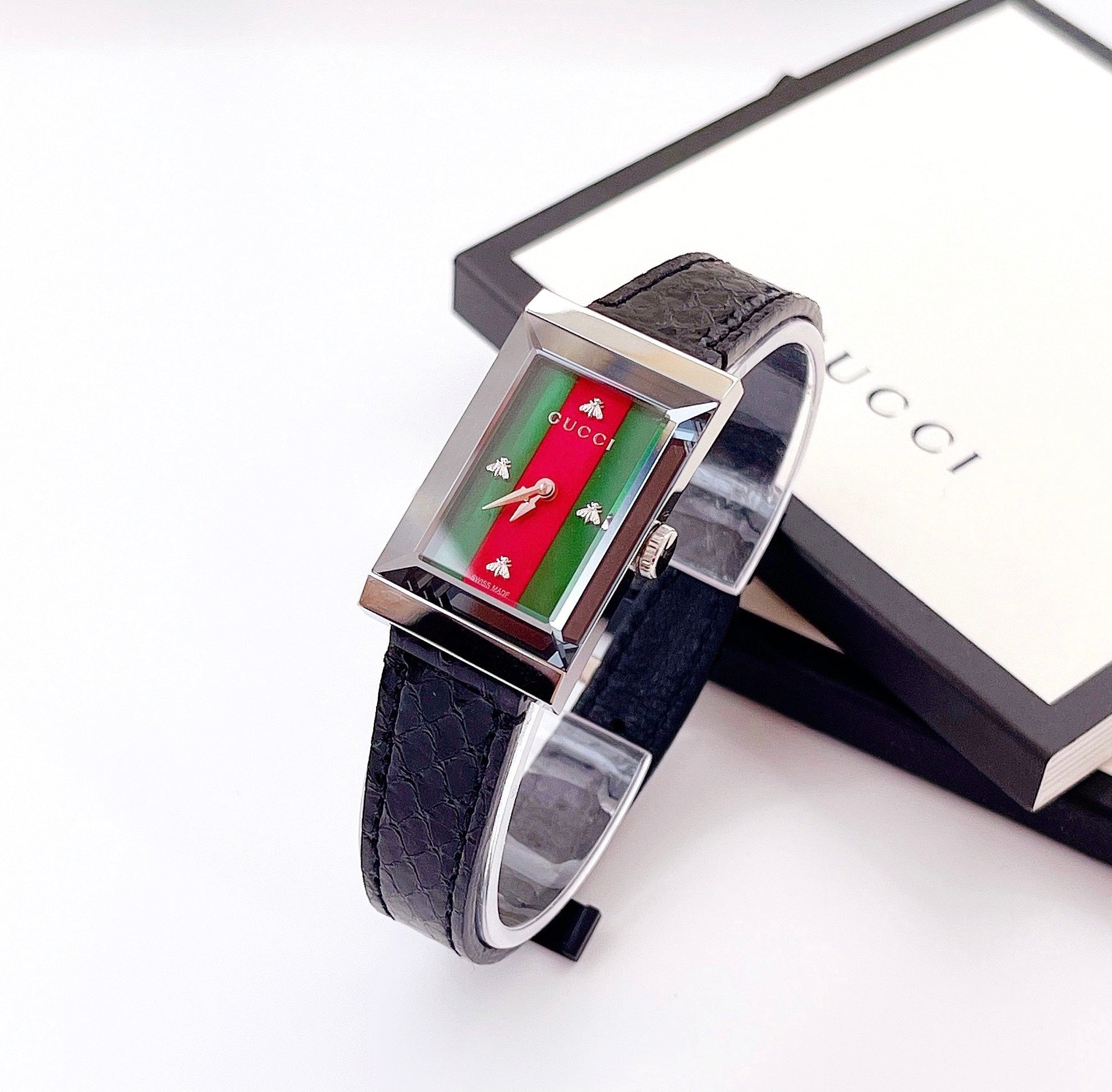 Shop Authentic Gucci G-Frame Mother of Pearl Green & Red Dial Black Leather Strap Watch For Women - YA147403 - Luxxuri