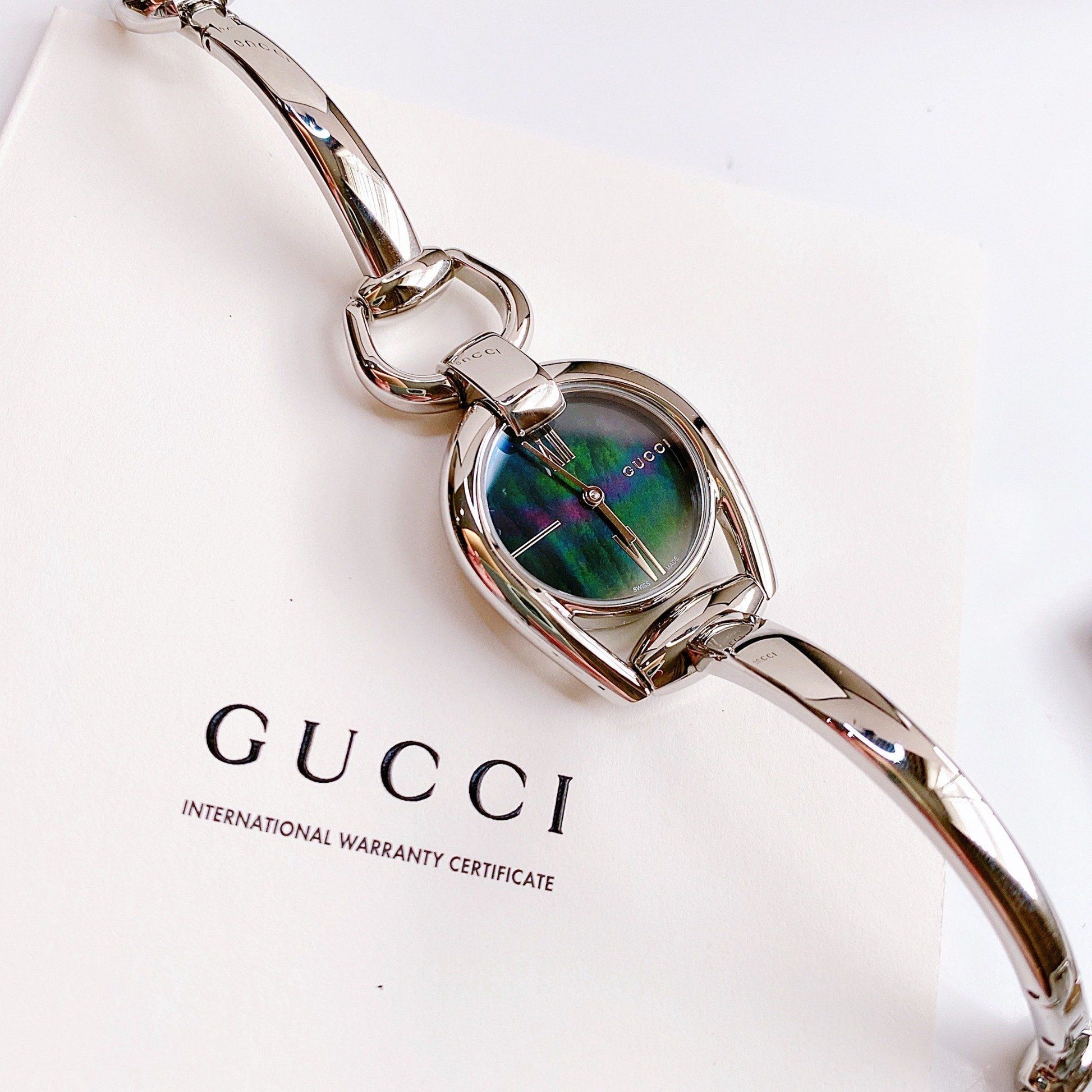  Shop Authentic Gucci Horsebit Collection Mother of Pearl Black Dial Silver Steel Strap Watch For Women - YA139503 - Luxxuri