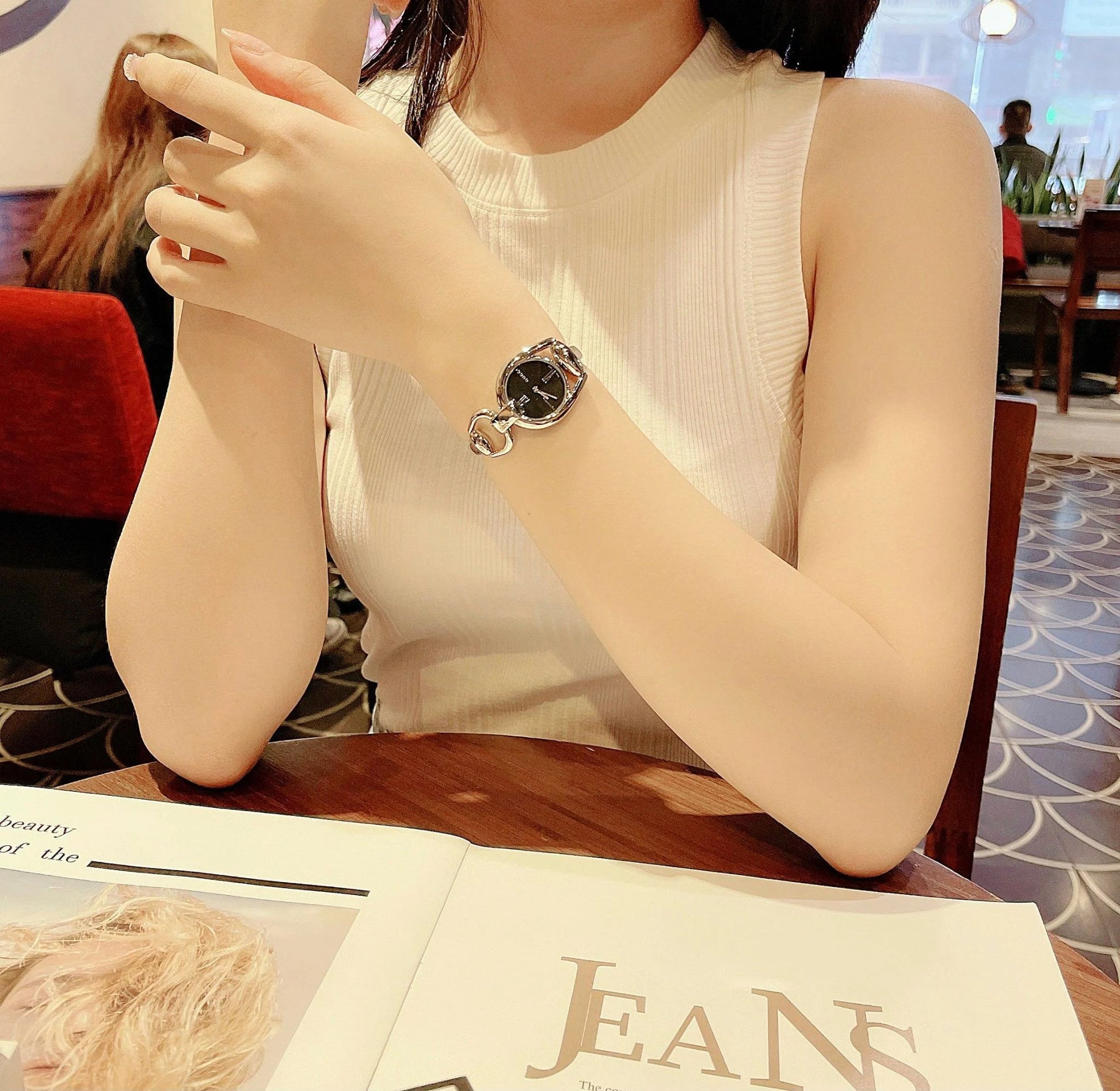  Shop Authentic Gucci Horsebit Collection Mother of Pearl Black Dial Silver Steel Strap Watch For Women - YA139503 - Luxxuri