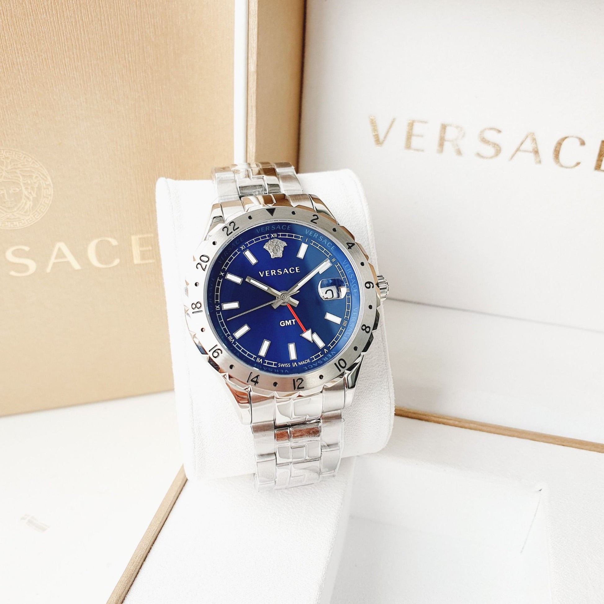  Shop Authentic Versace Hellenyium GMT Blue Dial Silver Steel Strap Watch for Men - V11010015 - Luxxuri