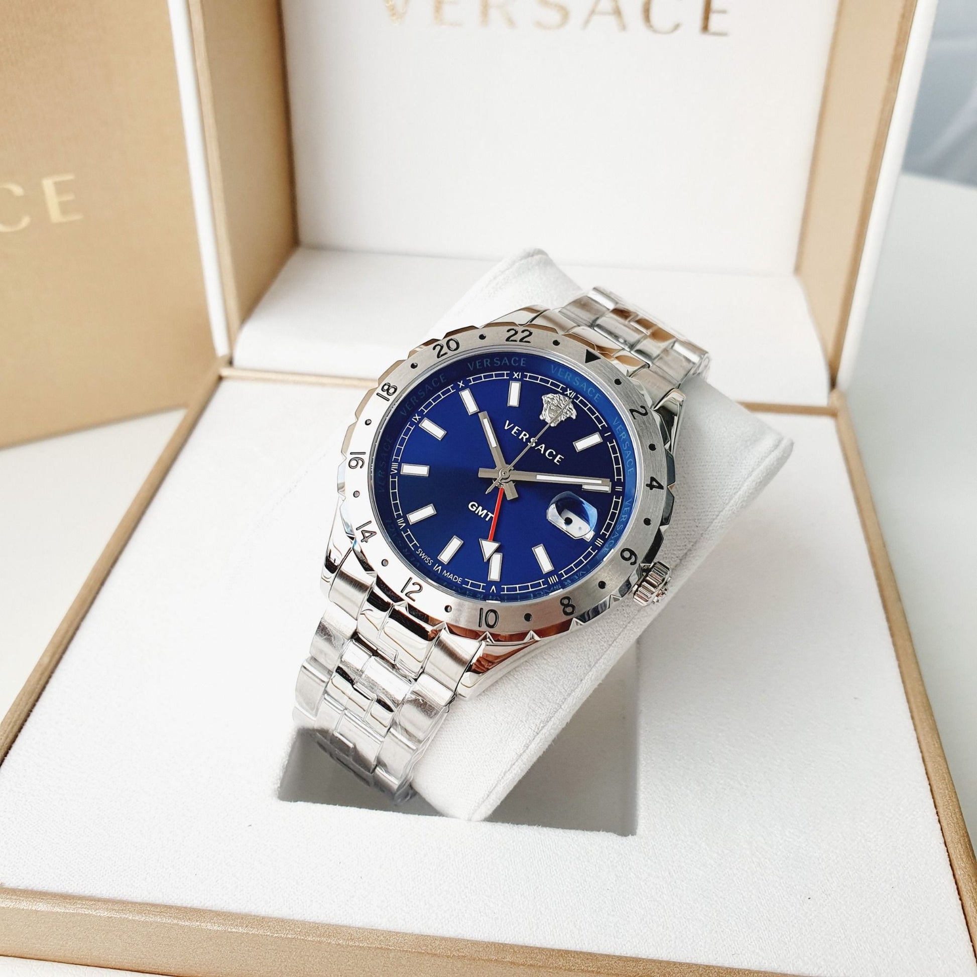  Shop Authentic Versace Hellenyium GMT Blue Dial Silver Steel Strap Watch for Men - V11010015 - Luxxuri